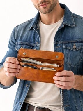 Vintage Y2K Boho Brown Leather Trucker Wallet Snap Biker